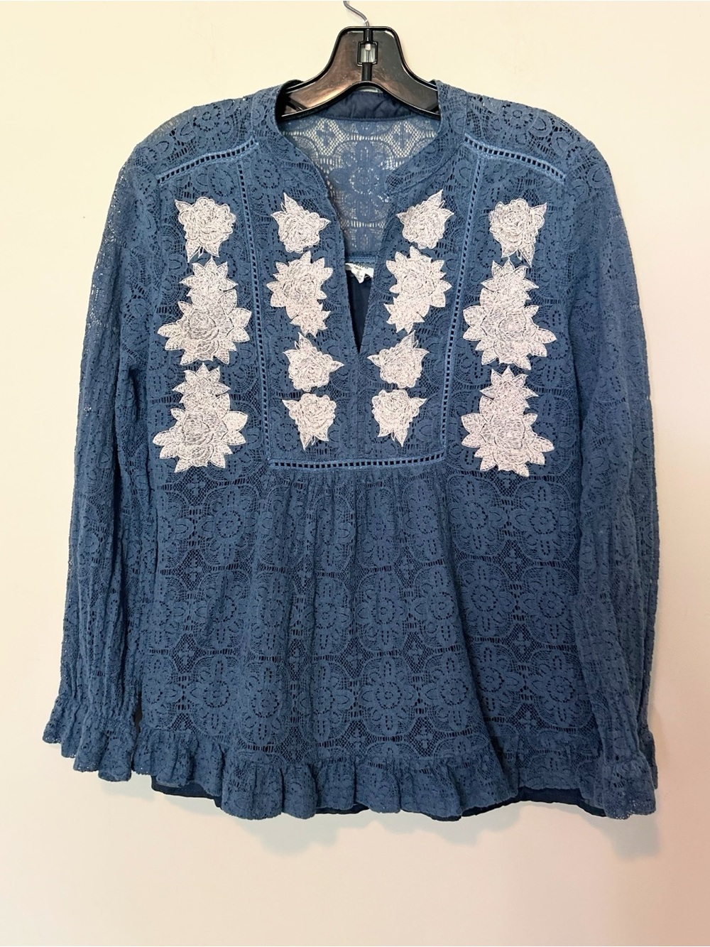 Blue Lace Peasant Top with White Floral Appliqué